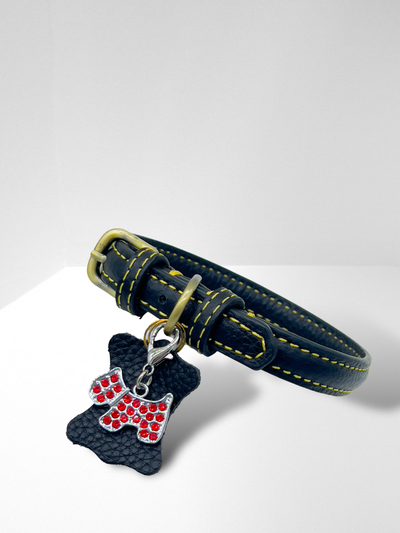 KLASSIC Handmade Leather Dog Collar with Rhinestone Tag